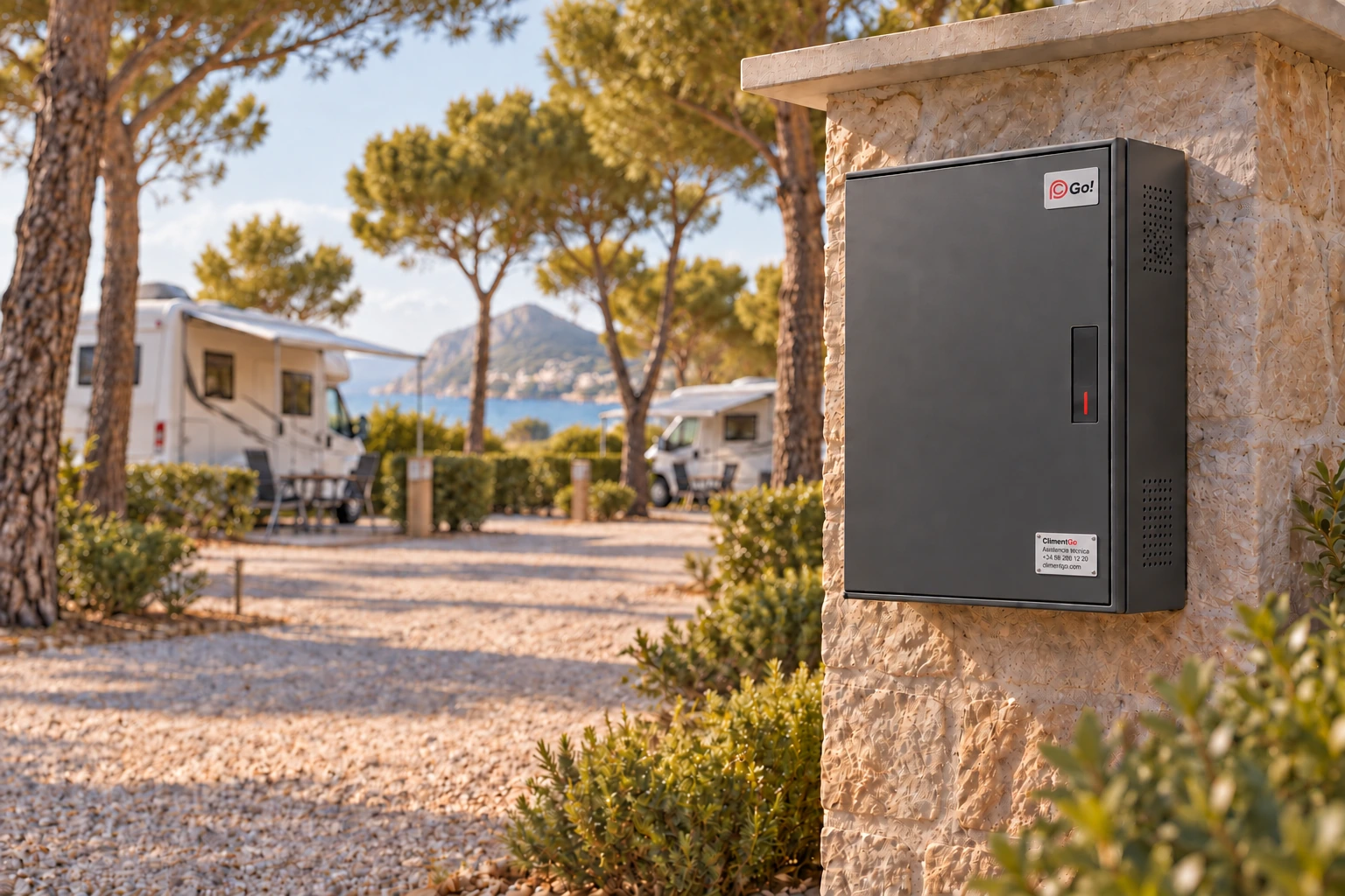 Cuadro ClimentGo en un camping mediterráneo junto a parcelas y caravanas.