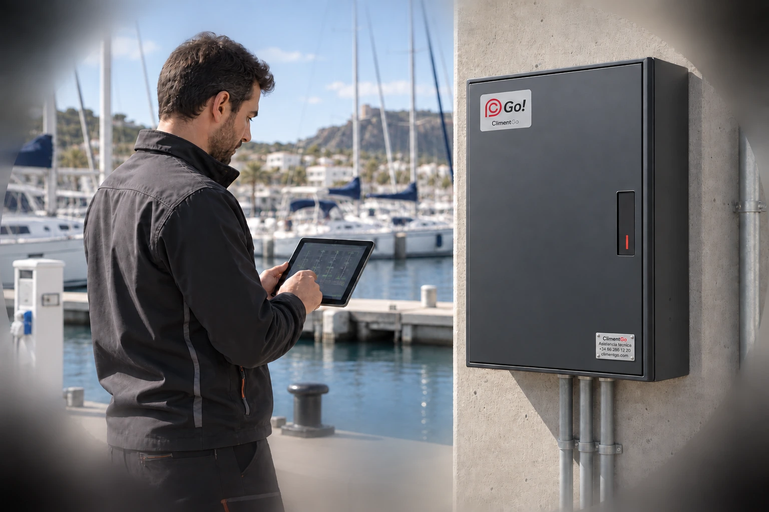 Cuadro ClimentGo junto a un puerto deportivo y técnico con tablet.