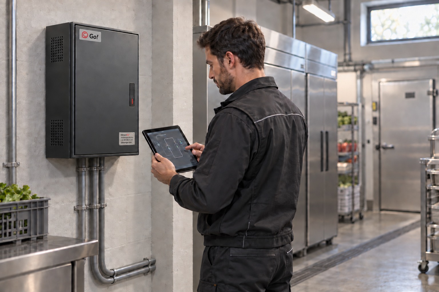 Cuadro ClimentGo junto a una cámara frigorífica y equipos de refrigeración industrial.