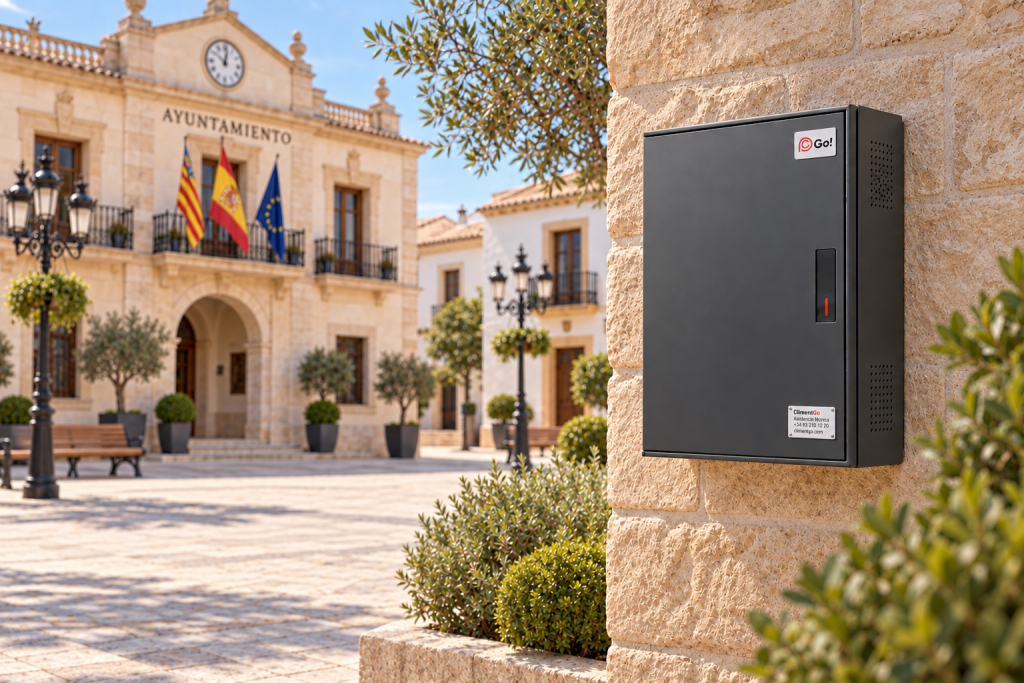 Escenario ilustrativo de un cuadro ClimentGo junto a un ayuntamiento y su plaza.
